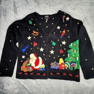 Design Originals Christmas Cardigan Sweater Women Large Black Knit Embroidered